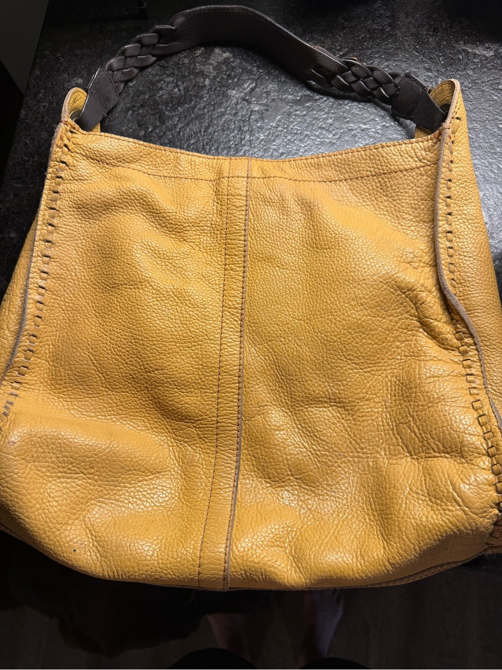 Lucky Brand Mustard Yellow Leather Shoulder Bag with Braided Brown Handle